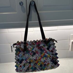Nahui Ollin Colorful candy wrapper Woven Tote with Brown Handles
